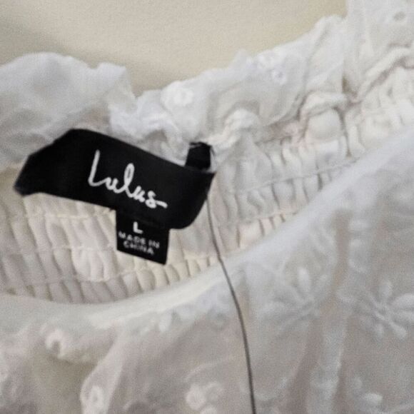 Lulus Lovely Charisma Lace Eyelet Smocked Midi Dress NWT Womens White Size Large - Picture 2 of 5